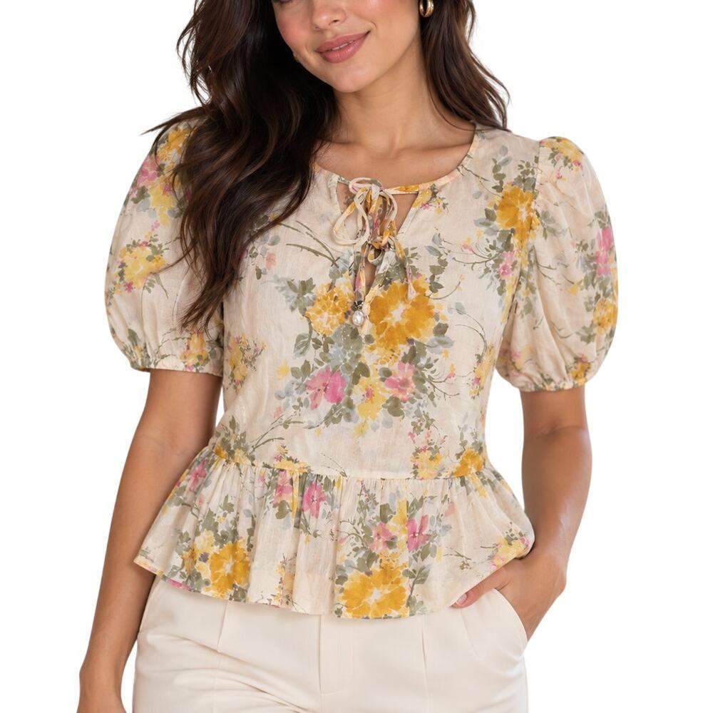 CeCe Cream Floral Peplum Top Puff Sleeve Tie Neck Cotton Small